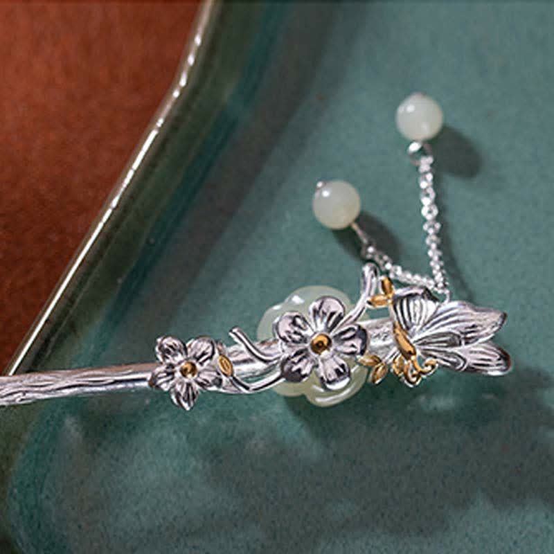 Buddha Stones 925 Sterling Silver Hetian White Jade Flower Blessing Hairpin - image 9