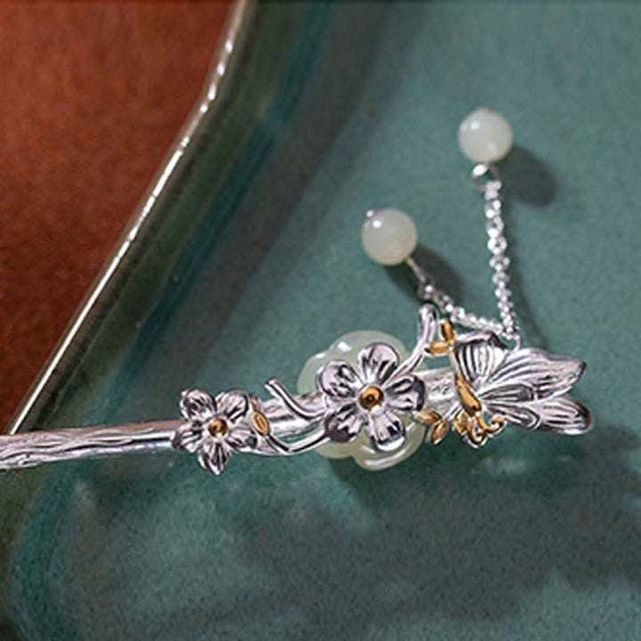 Buddha Stones 925 Sterling Silver Hetian White Jade Flower Blessing Hairpin - image 9