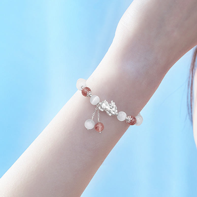 Buddha Stones Natural Cat's Eye Moonstone Strawberry Quartz PiXiu Support Bracelet - image 11