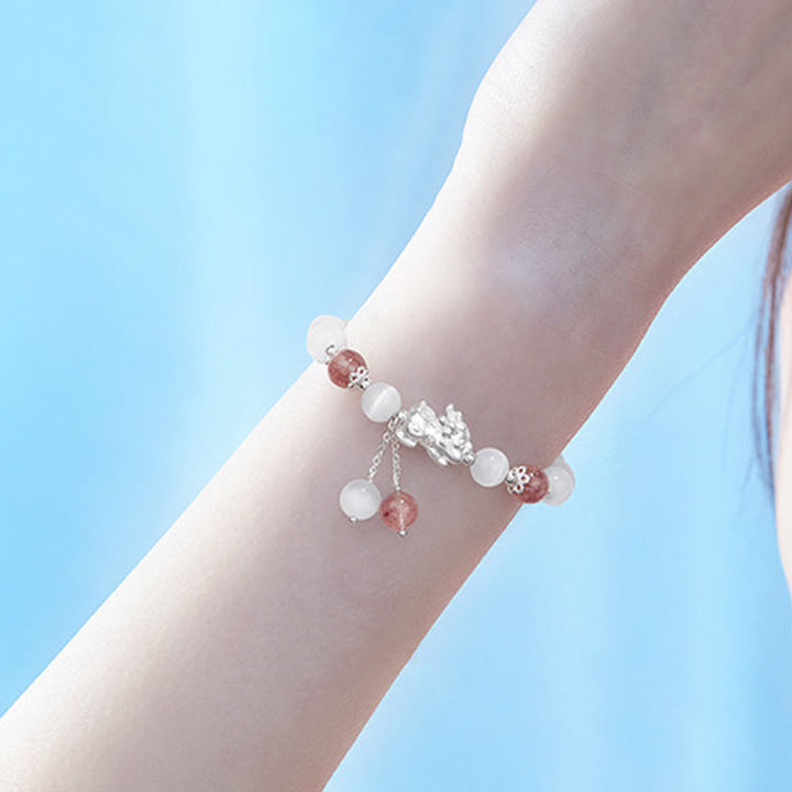 Buddha Stones Natural Cat's Eye Moonstone Strawberry Quartz PiXiu Support Bracelet - image 11