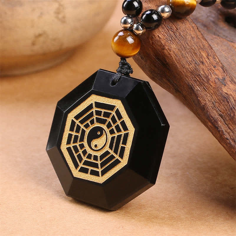 Buddha Stones Bagua Yin Yang Black Obsidian Purification Beaded Necklace Pendant - image 1