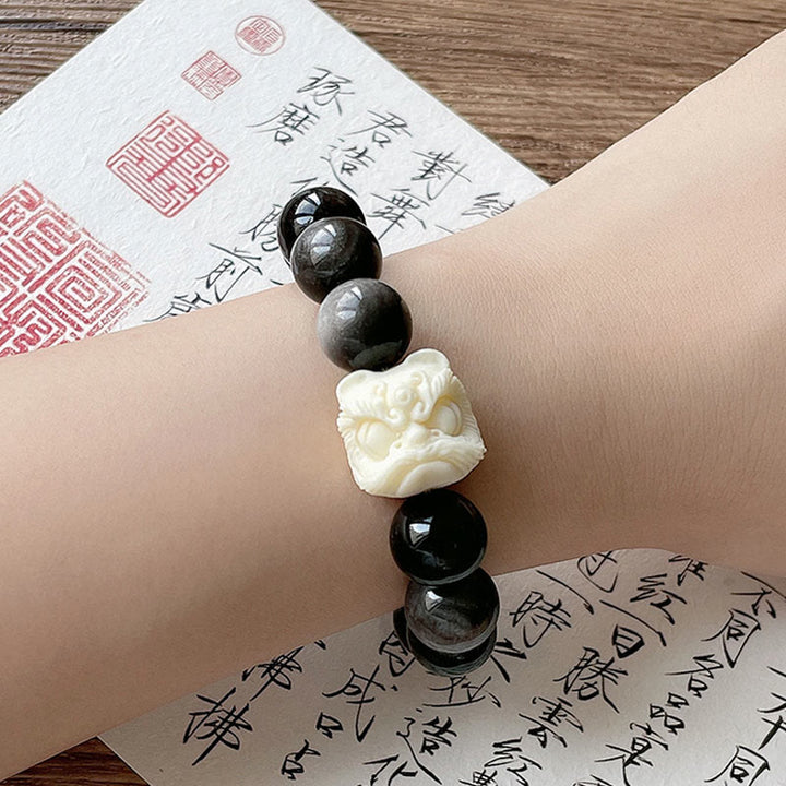 Buddha Stones Silver Sheen Obsidian Bodhi Seed Ivory Fruit Dancing Lion Protection Bracelet - image 4