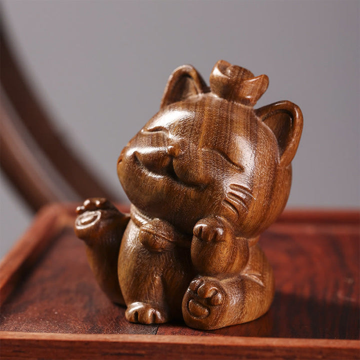 Buddha Stones Mini Green Sandalwood Ingot Lucky Cat Carved Peace Desk Decorations - 5cm - image 0