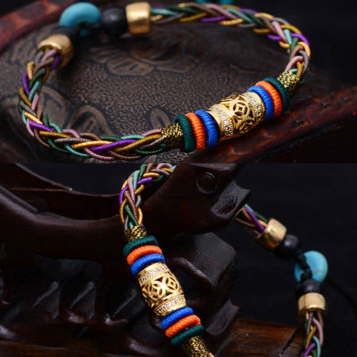 Buddha Stones Tibetan Handmade Eight Thread Knot Copper Coin Luck Weave String Bracelet - image 7