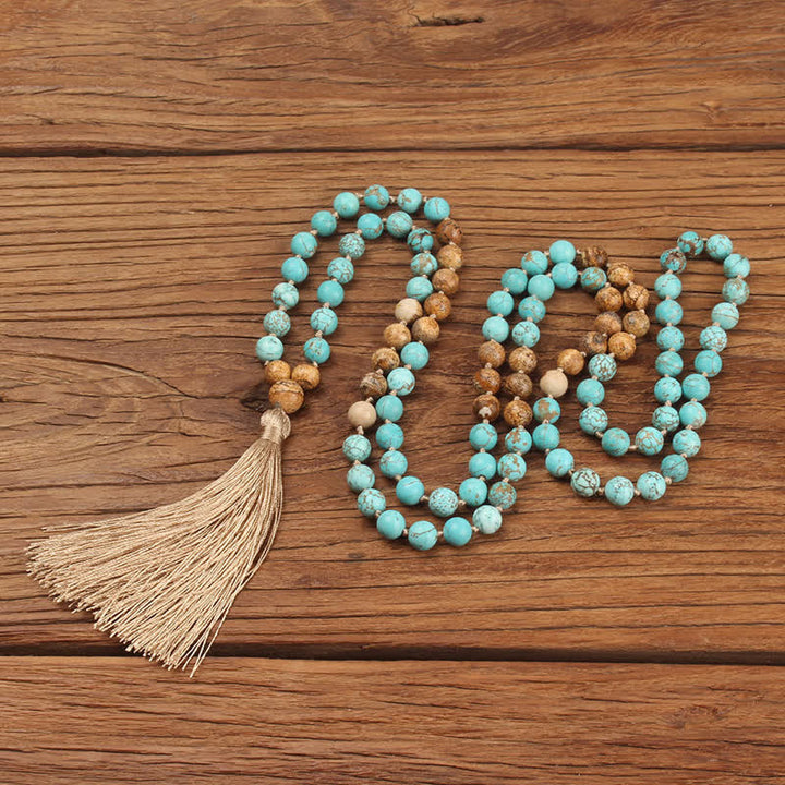 Buddha Stones 108 Mala Beads Turquoise Picture Jasper Wisdom Tassel Bracelet - Turquoise&Picture Jasper - image 0