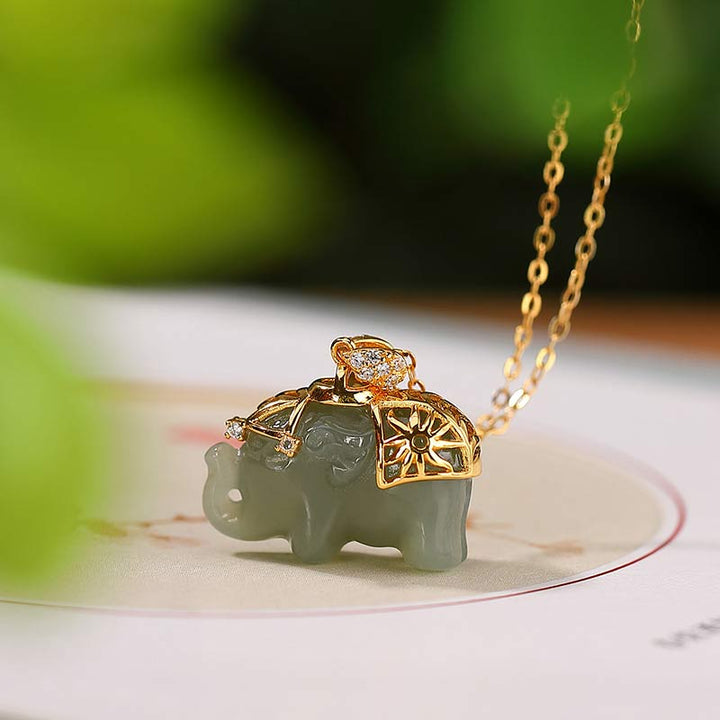 Buddha Stones 925 Sterling Silver Jade Elephant Blessing Fortune Necklace Chain Pendant - image 1