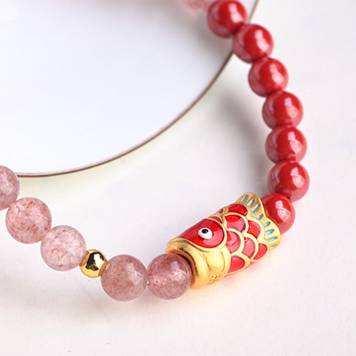 Buddha Stones Natural Strawberry Quartz Cinnabar Lucky Koi Fish Healing Bracelet - image 6