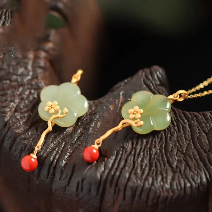 Vintage Plum Blossom Flower Jade Red Agate Prosperity Necklace Pendant - image 1