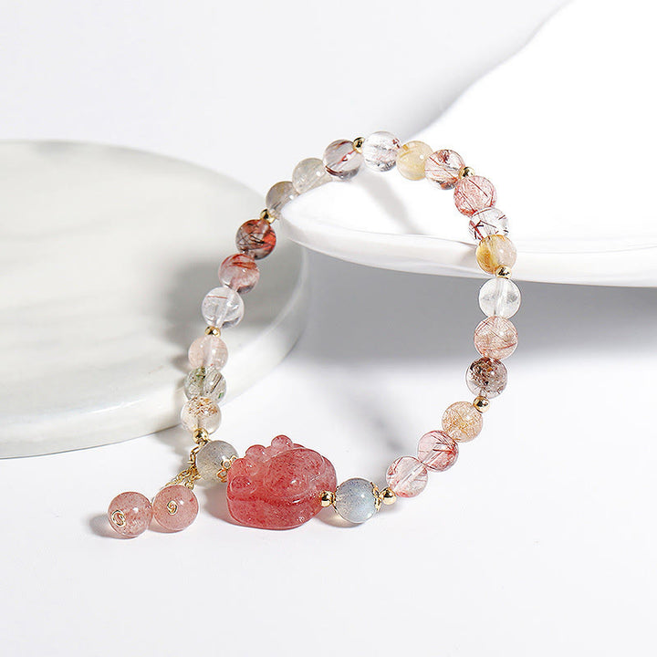 Buddha Stones Natural Strawberry Quartz Cat Paw Claw Colorful Rutilated Quartz Moonstone Love Bracelet - image 3