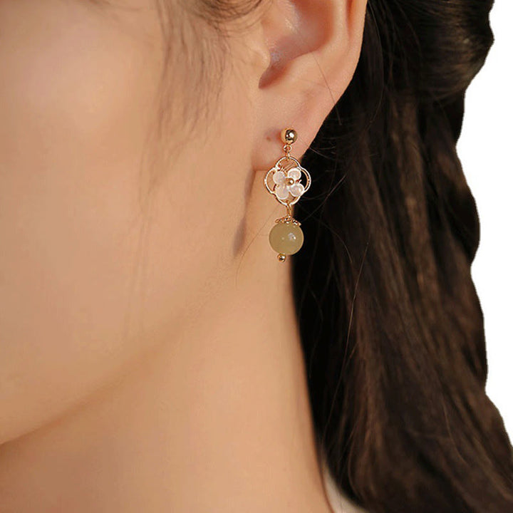 Buddha Stones Tridacna Stone Flower Jade Bead Blessing Drop Earrings - image 10