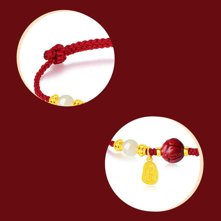 Buddha Stones 24K Gold Plated Hetian White Jade Cinnabar Lotus Luck Rope Bracelet - image 3