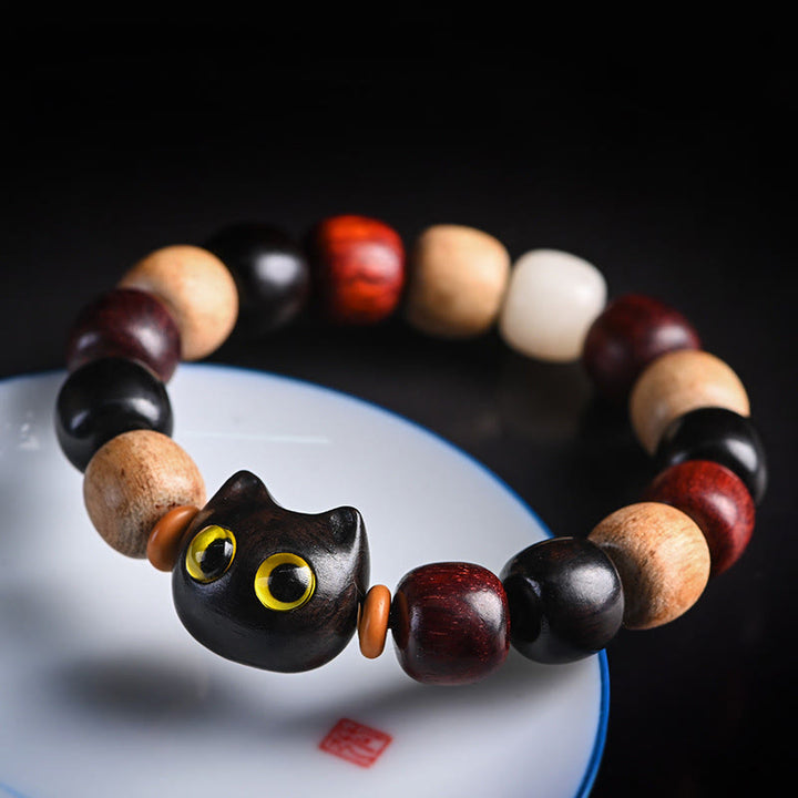 Buddha Stones Small Leaf Red Sandalwood Ebony Wood Cute Cat Engraved Protection Bracelet - Ebony Wood(Balance♥Calm) - image 16