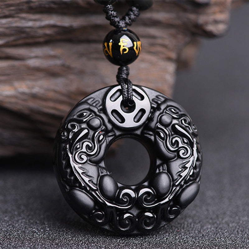 Buddha Stones Pixiu Obsidian Wealth Pendant Necklace - image 1