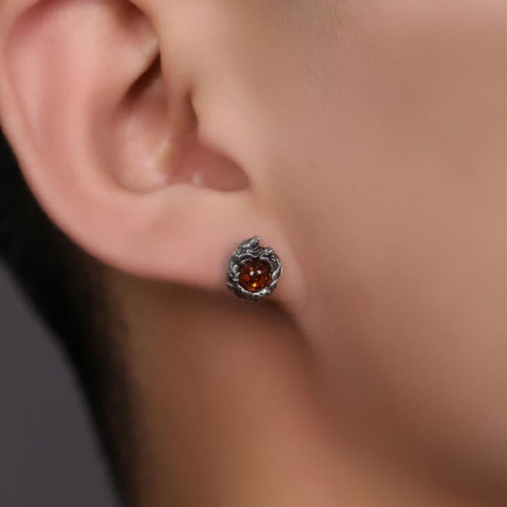 Buddha Stones 925 Sterling Silver Natural Amber Dragon Success Protection Stud Earring - image 4