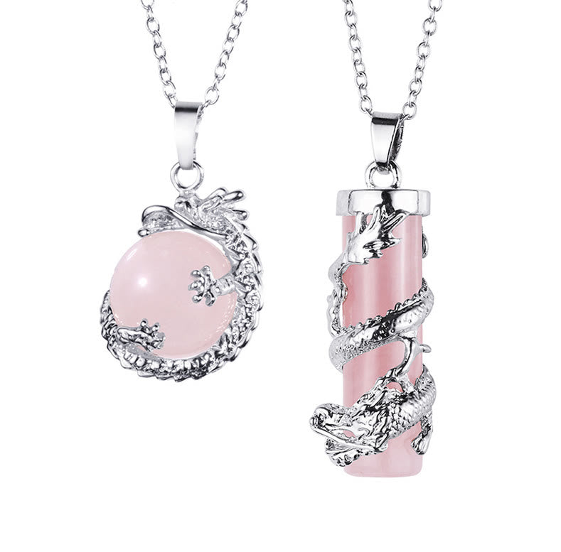 Buddha Stones 2pc Dragon Wrapped Round Ball Gemstone Couple Necklace Pendant - Pink Crystal - image 4