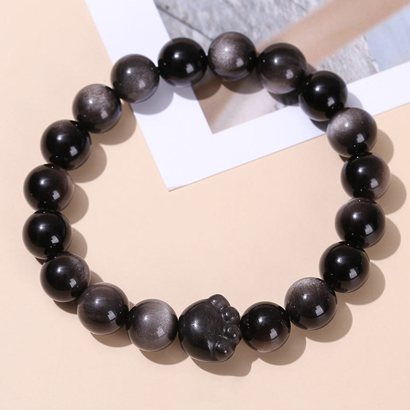 Buddha Stones Natural Gold Sheen Obsidian Silver Sheen Obsidian Cute Cat Paw Claw Wealth Bracelet - Silver Sheen Obsidian - 10mm - image 7