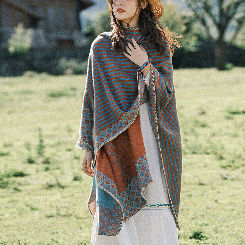 Buddha Stones Tibetan Shawl Striped Diamond Pattern Winter Warm Soft Scarf - image 1