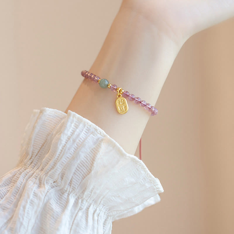 Buddha Stones Natural Strawberry Quartz Garnet Jade Lucky Fortune Fu Character Healing Charm Bracelet - image 5