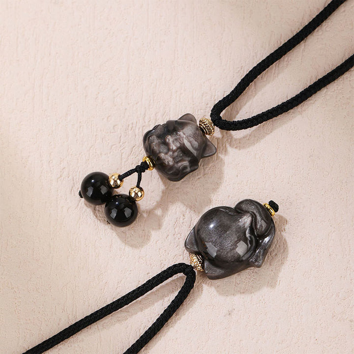 Buddha Stones Natural Silver Sheen Obsidian Nine Tailed Fox Protection Necklace Pendant - image 6