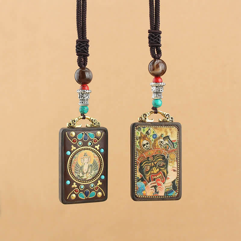 Buddha Stones Tibet God of Wealth Thangka Ebony Peace Necklace Pendant - image 1