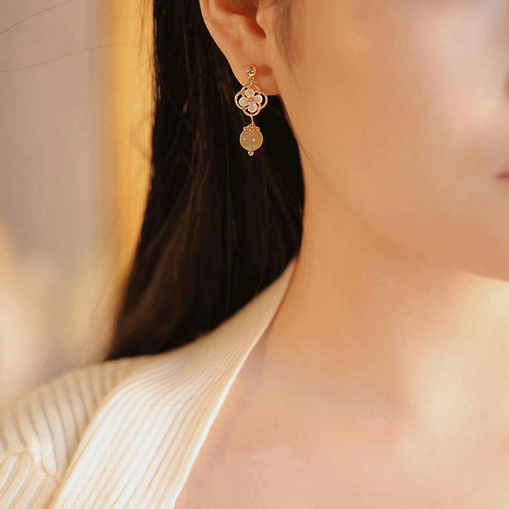 Buddha Stones Tridacna Stone Flower Jade Bead Blessing Drop Earrings - image 5