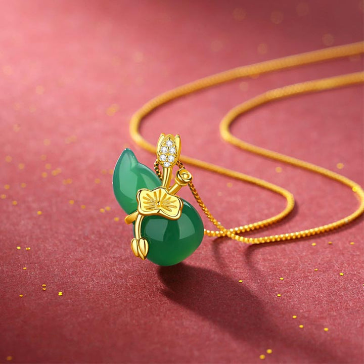 Buddha Stones Cyan Jade Gourd Lotus Leaf Abundance Pendant Necklace - Cyan Jade - image 0