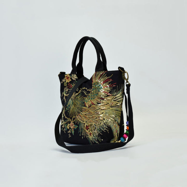 Buddha Stones Peacock Double-sided Embroidery Tote Bag Shoulder Bag Crossbody Bag - image 12