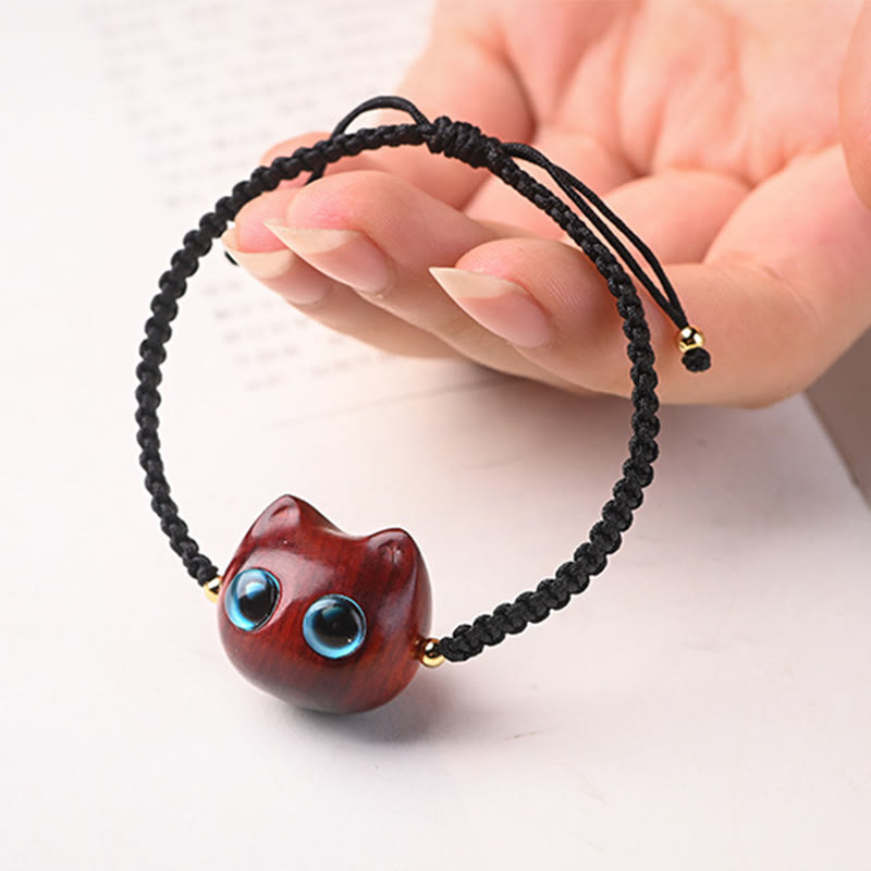 Buddha Stones Small Leaf Red Sandalwood Ebony Wood Cute Cat Head Calm Protection Braided Bracelet - image 2
