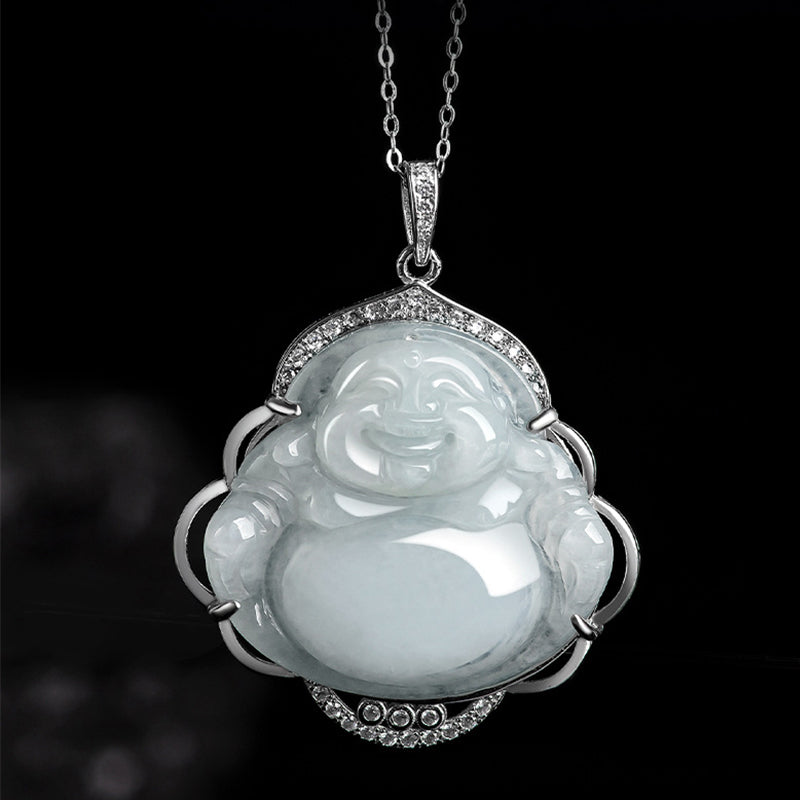 Buddha Stones Laughing Buddha Natural Jade Abundance Titanium Steel Chain Necklace Pendant - image 3