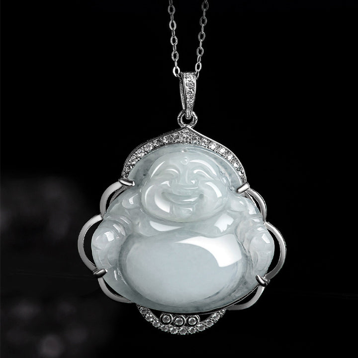 Buddha Stones Laughing Buddha Natural Jade Abundance Titanium Steel Chain Necklace Pendant - image 3