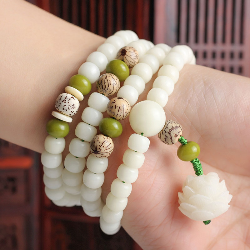 Buddha Stones White Jade Bodhi Lotus Mala Harmony Necklace Bracelet - image 4