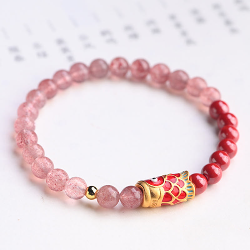 Buddha Stones Natural Strawberry Quartz Cinnabar Lucky Koi Fish Healing Bracelet - image 14