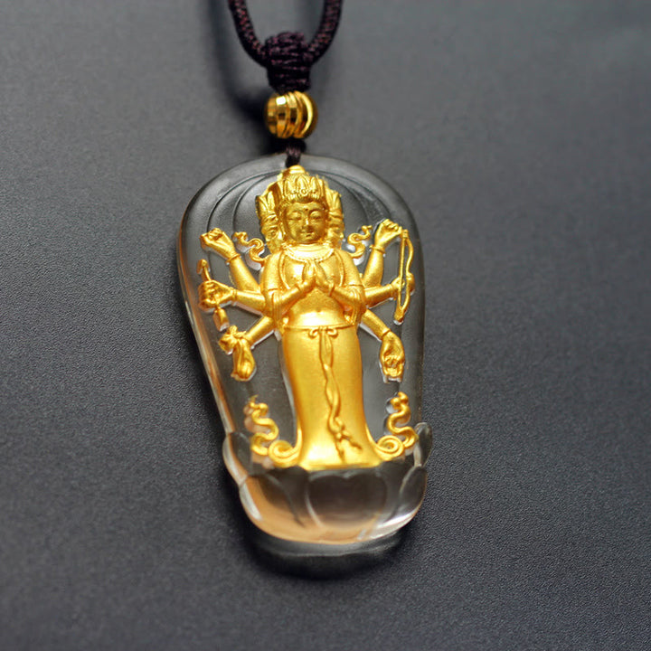 Buddha Stones Tibetan Eight-armed Avalokitesvara Guanyin Buddha Gold Plated Liuli Crystal Wealth Necklace Pendant - Avalokitesvara(Wealth♥Success) - image 0