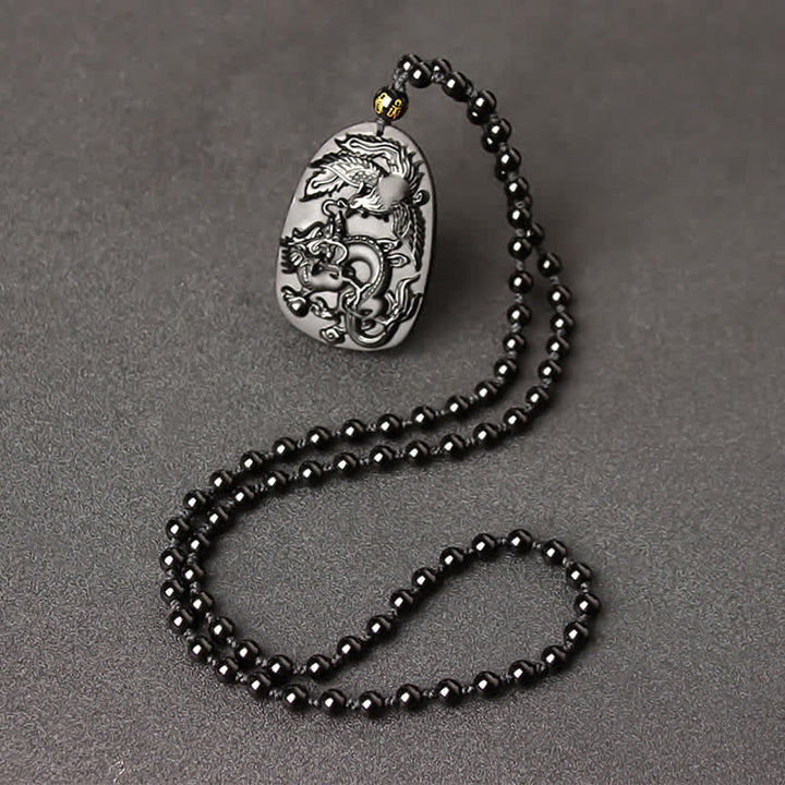 Buddha Stones Black Obsidian Tiger Eye Dragon Phoenix Protection Beaded Necklace Pendant - Obsidian Bead Chain - image 9