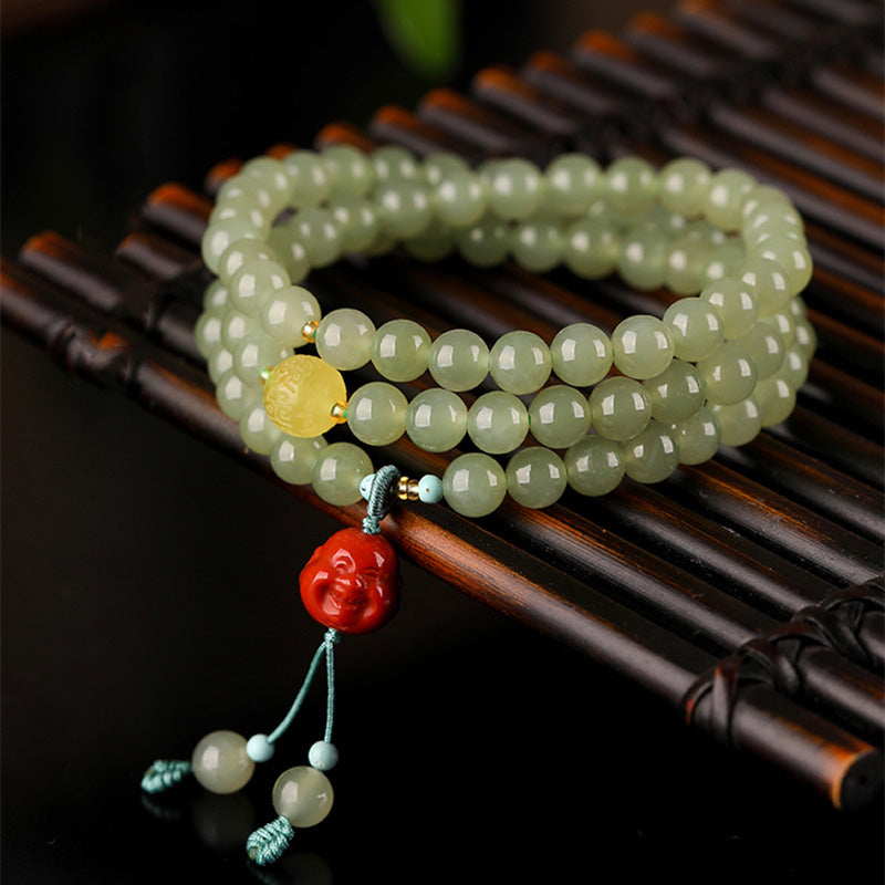 Buddha Stones Jade Red Agate Amber Laughing Buddha Prosperity Bracelet - Jade (♥ Abundance ♥ Luck) - image 0