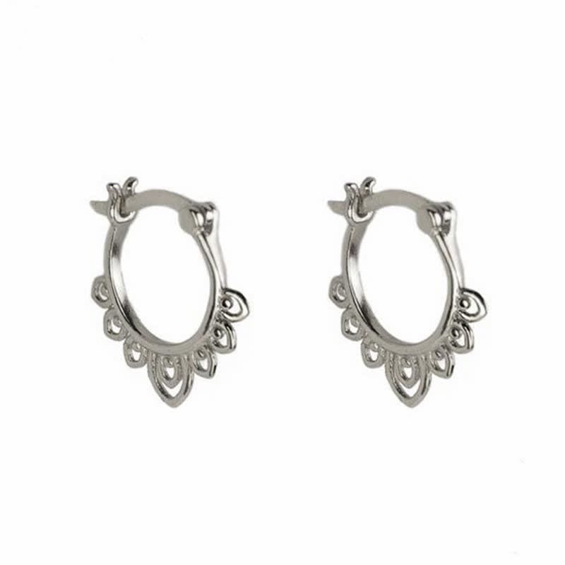Round Lotus Flower Pattern Luck Hoop Earrings - Silver - image 2