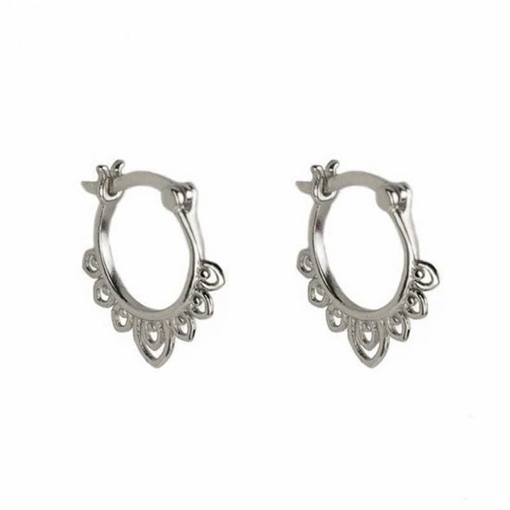 Round Lotus Flower Pattern Luck Hoop Earrings - Silver - image 2