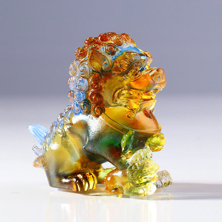 Buddha Stones Handmade Liuli Crystal Lion Art Piece Strength Home Office Decoration - Colorful - image 1