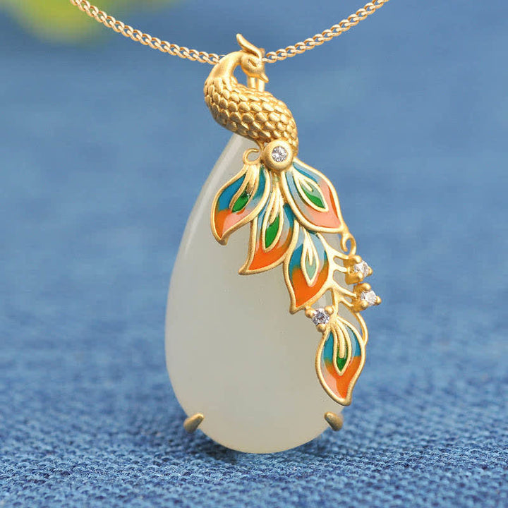 White Jade Peacock Protection Necklace Chain Pendant - image 1