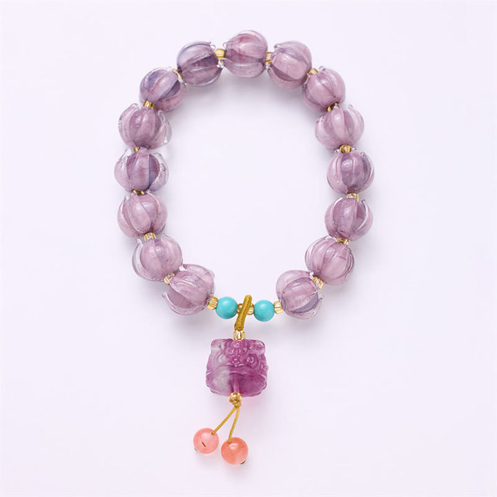 Buddha Stones Liuli Glass Bead Lotus Design Fluorite Ivory Fruit Dancing Lion Charm Enlightenment Bracelet - image 4