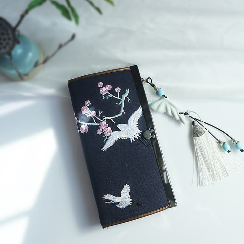 Buddha Stones Flower Plum Peach Blossom Bamboo Double-sided Embroidery Large Capacity Cash Holder Wallet Shopping Purse - Navy Blue Cherry Crane - image 25