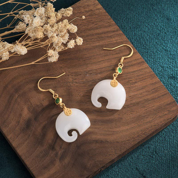 Buddha Stones FengShui Elephant White Jade Fortune Earrings - image 2