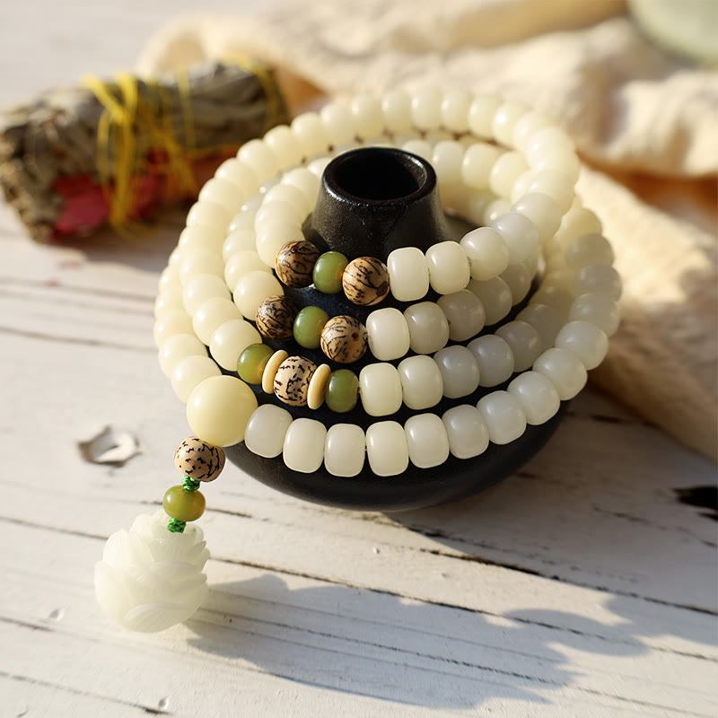 Buddha Stones White Jade Bodhi Lotus Mala Harmony Necklace Bracelet - image 2