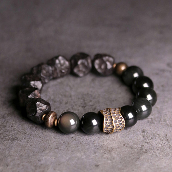 Buddha Stones Black Obsidian Ebony Wood Copper Strength Couple Bracelet - image 10