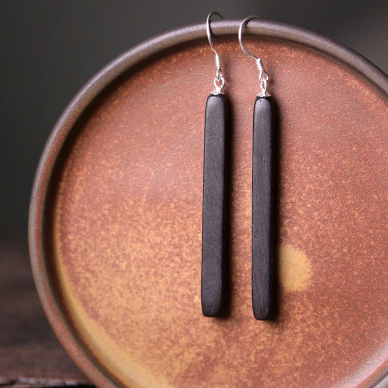 Buddha Stones 925 Sterling Silver Ebony Wood Texture Balance Peace Drop Dangle Earrings - image 4