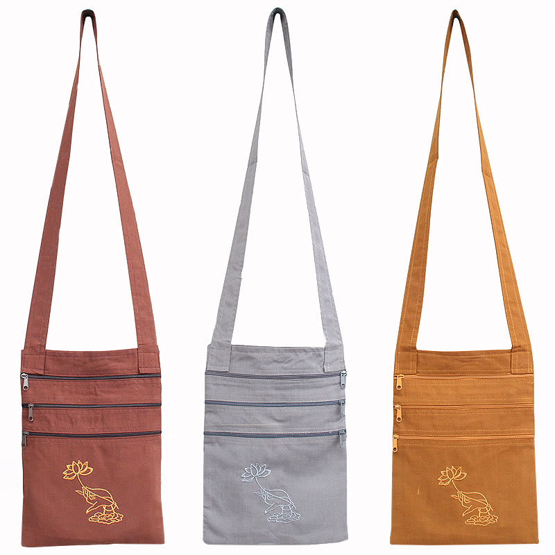 Buddha Stones Spiritual Mind Practice Lotus Embroidered Cotton Shoulder Bag Crossbody Bag - image 0