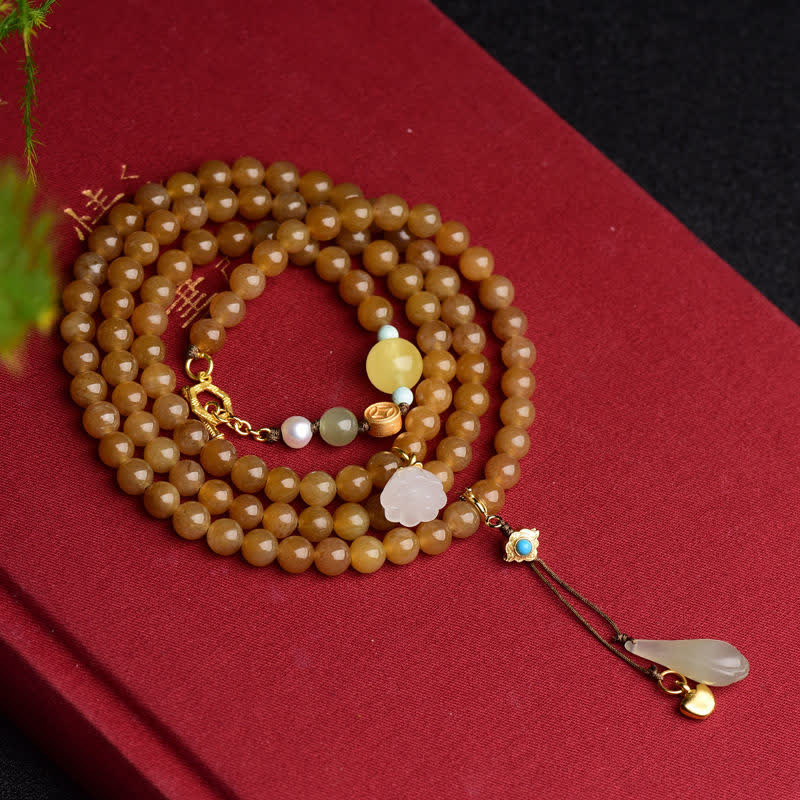Buddha Stones Natural Hetian Topaz Amber Lotus White Jade Pearl Success Bracelet - image 3
