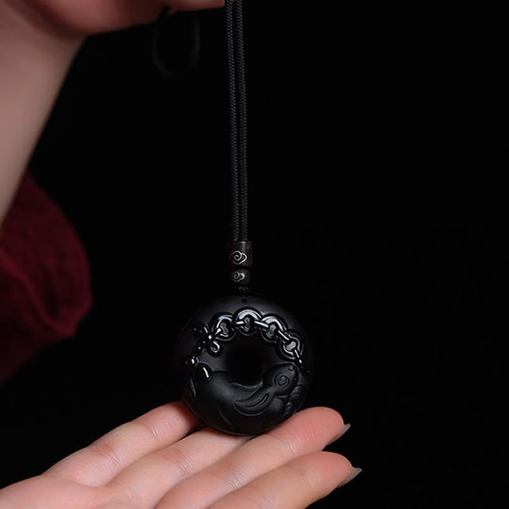 Buddha Stones Chinese Zodiac Natural Black Obsidian Peace Buckle Strength Necklace Pendant - image 9