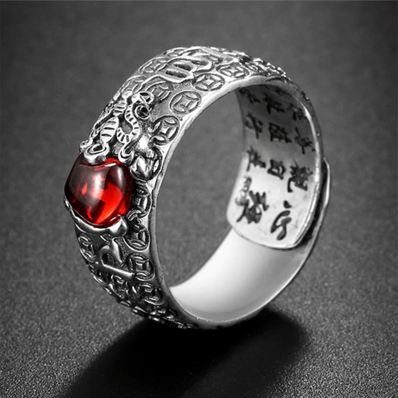 Buddha Stones FengShui PiXiu Red Garnet Wealth Ring - image 0