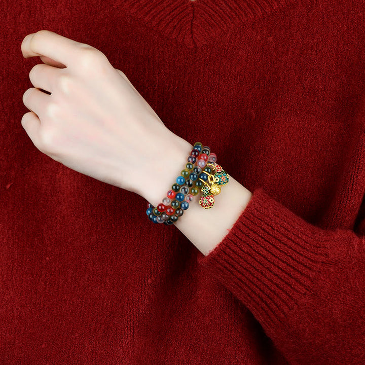 Buddha Stones Colorful Candy Agate Gold Swallowing Beast Family Strength Charm Triple Wrap Bracelet - image 8